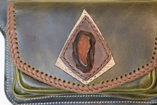 Sato Cross Body | Green Leather | Amber Stone