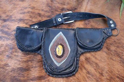 Bolivar Hip Belt | Black Leather | Bumble Bee Jasper