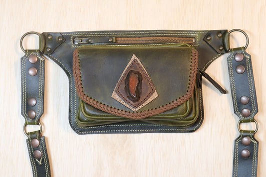 Sato Cross Body | Green Leather | Amber Stone