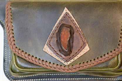 Sato Cross Body | Green Leather | Amber Stone