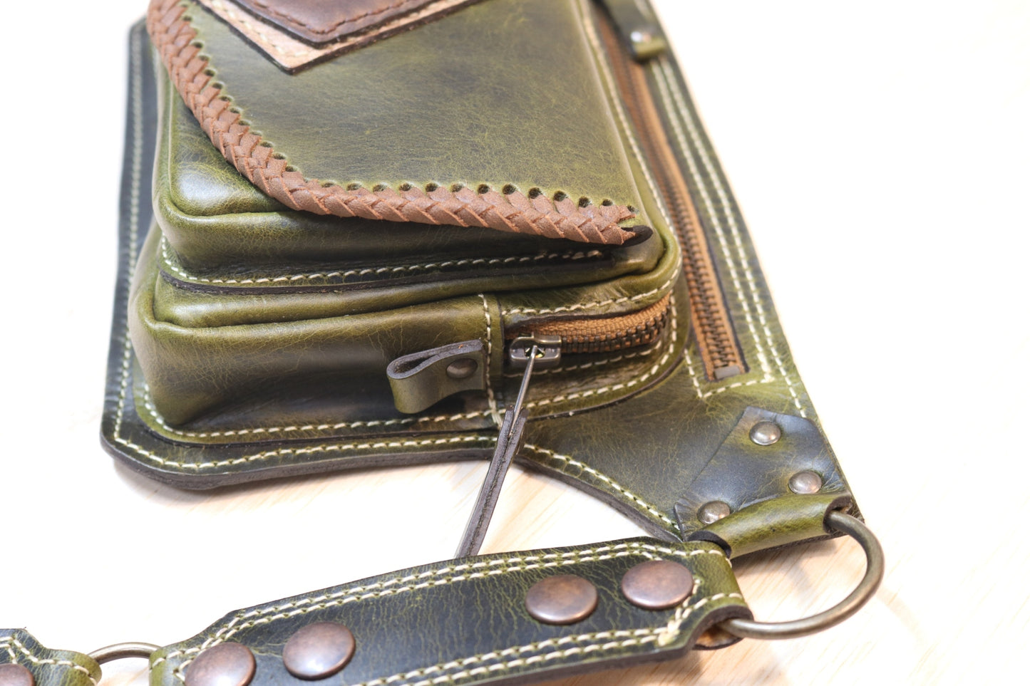 Sato Cross Body | Green Leather | Amber Stone