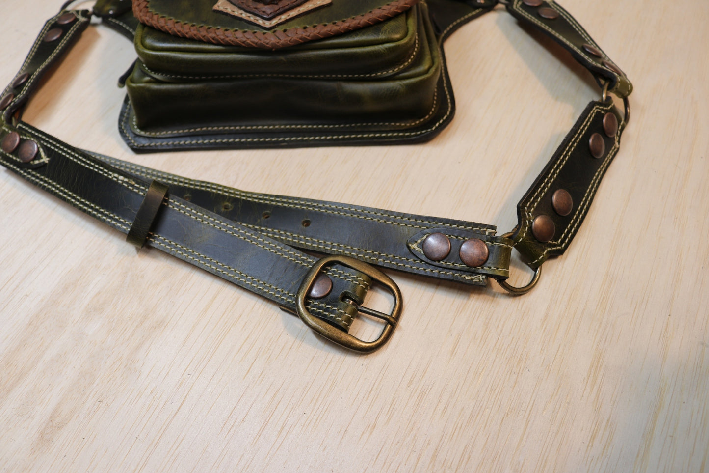 Sato Cross Body | Green Leather | Amber Stone