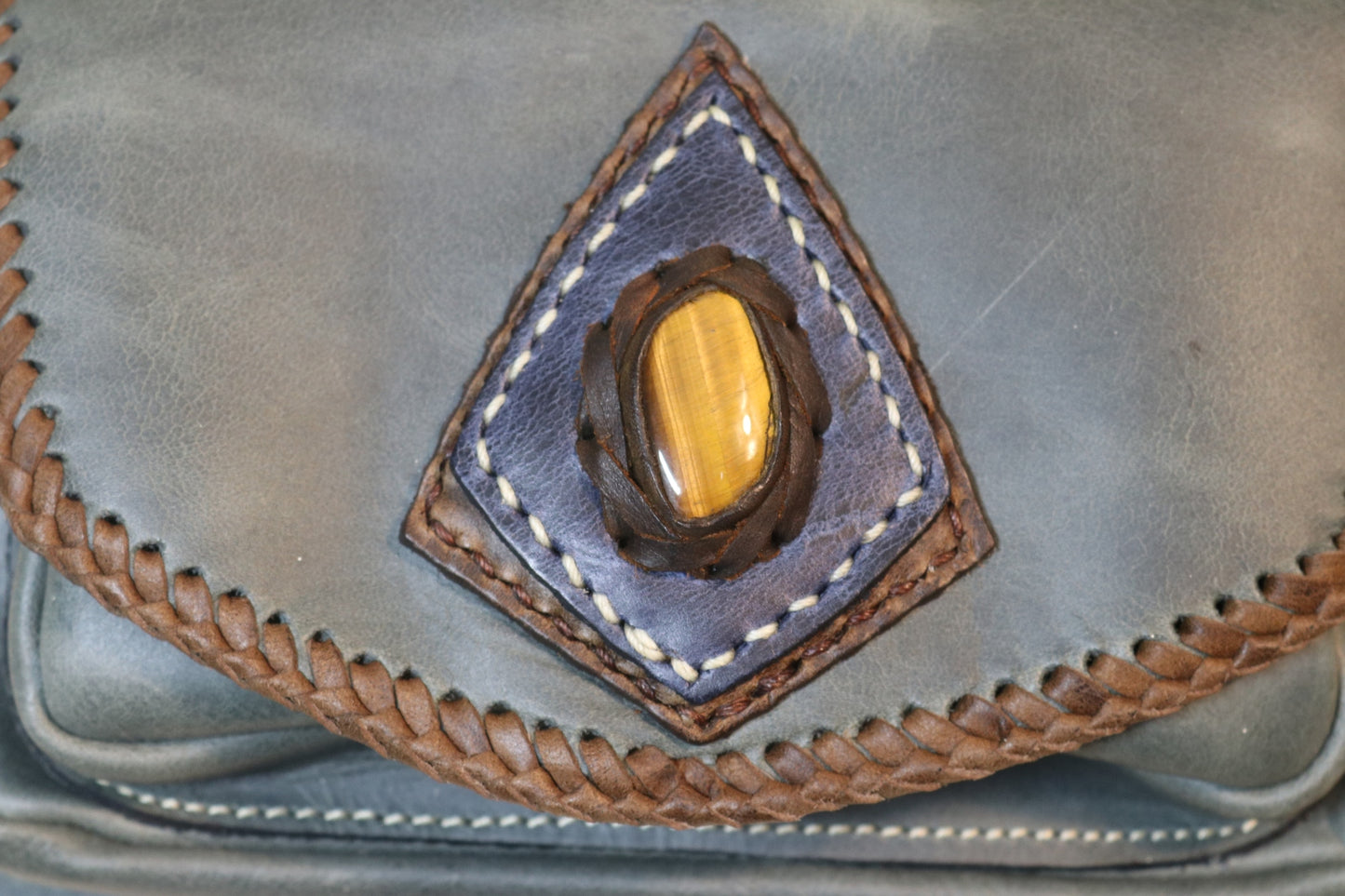 Sato Cross Body | Gray Leather | Tigers Eye Stone