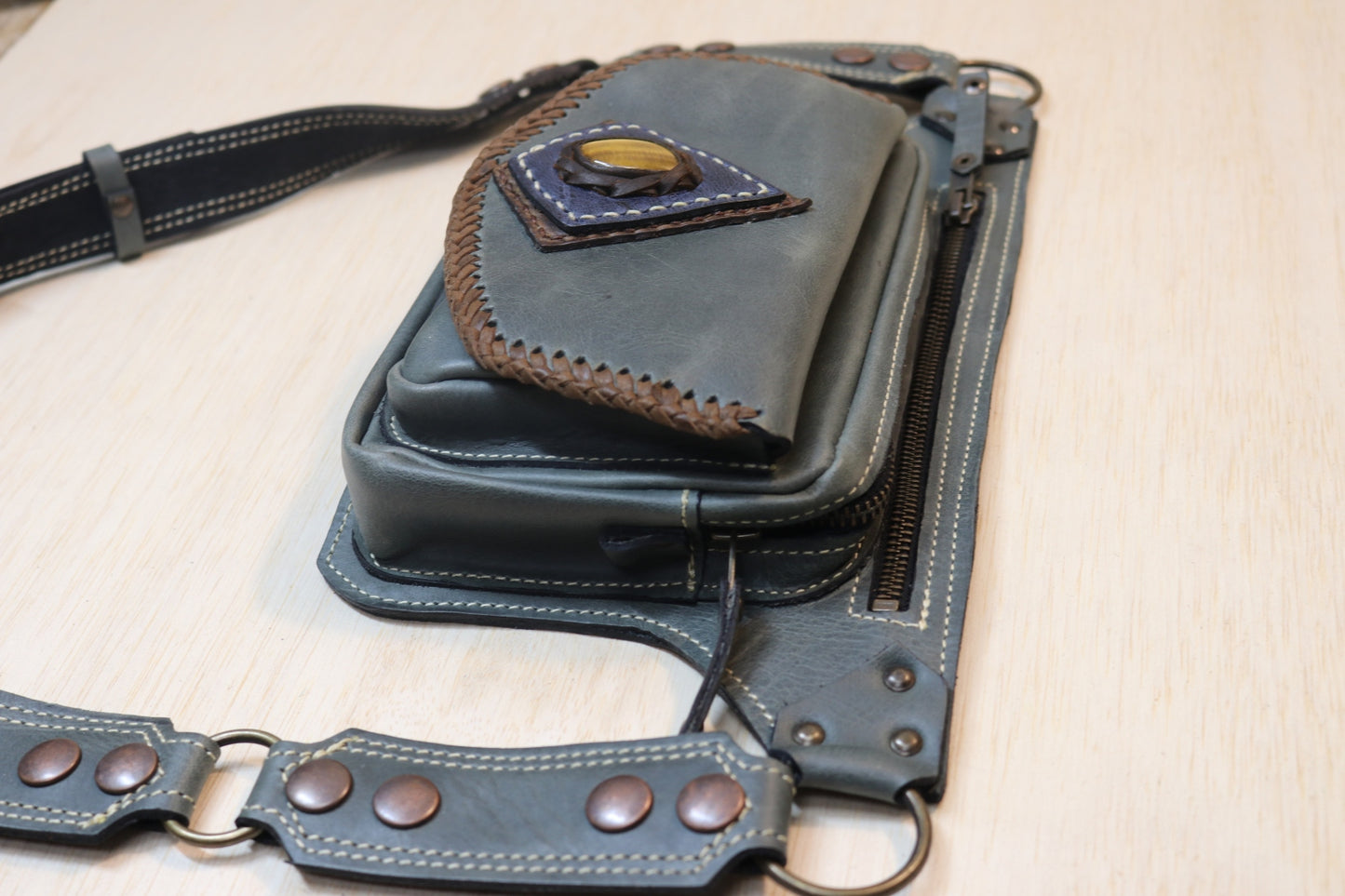 Sato Cross Body | Gray Leather | Tigers Eye Stone