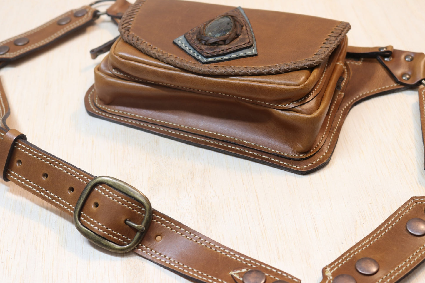 Sato Cross Body | Brown Leather | Labordorite Stone