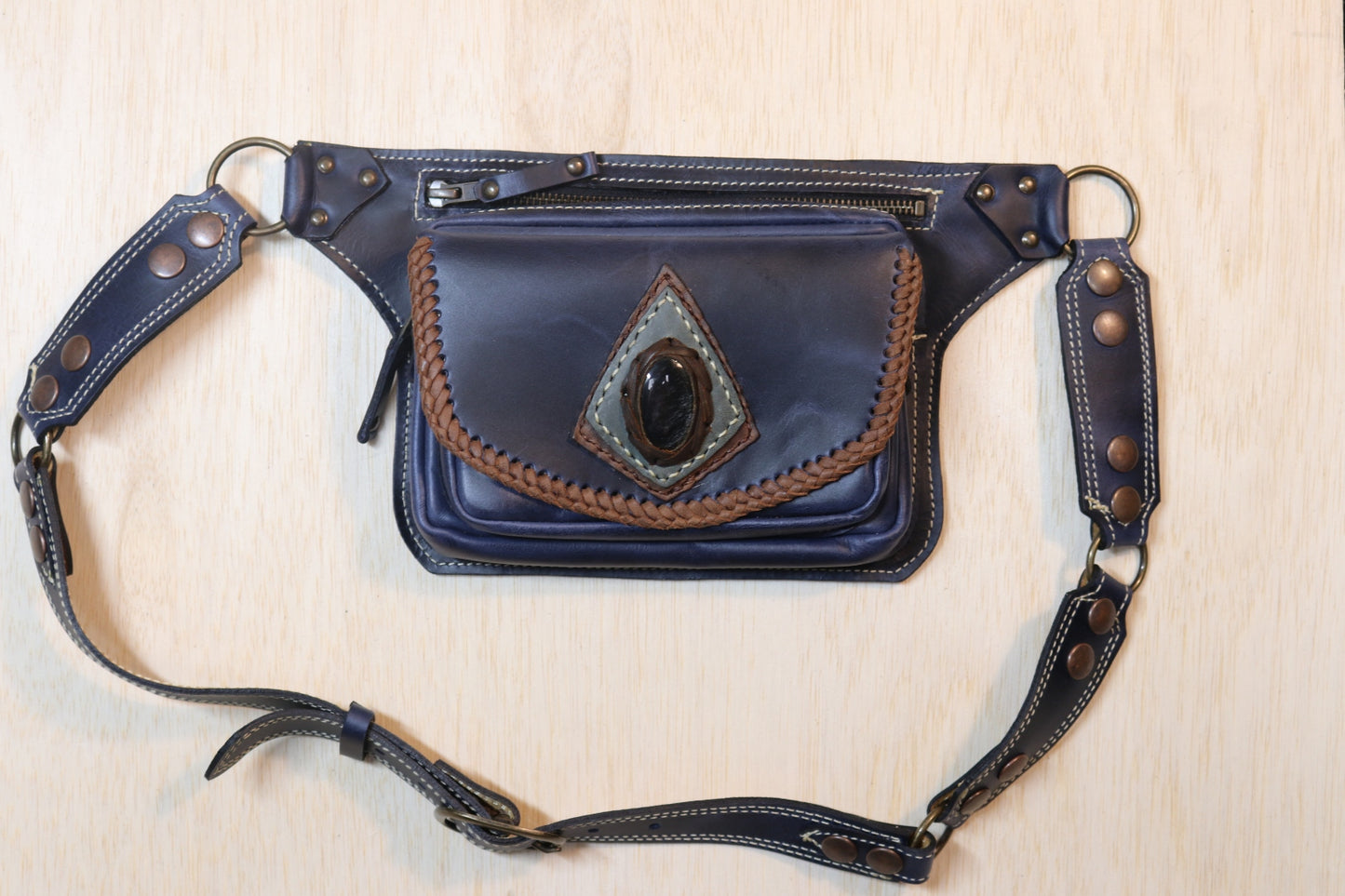 Sato Cross Body | Blue Leather | Silver Sheen Obsidian Stone
