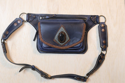 Sato Cross Body | Blue Leather | Silver Sheen Obsidian Stone