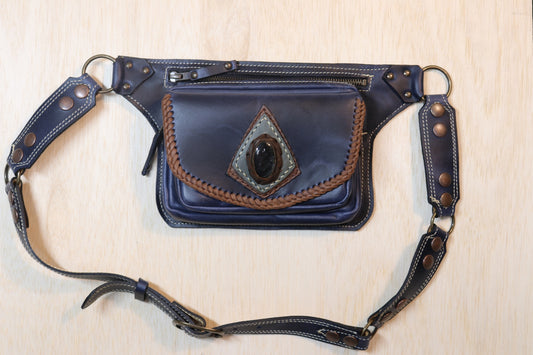 Sato Cross Body | Blue Leather | Silver Sheen Obsidian Stone