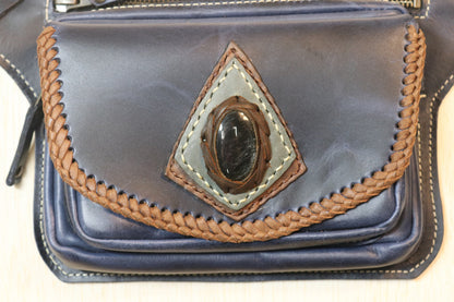 Sato Cross Body | Blue Leather | Silver Sheen Obsidian Stone
