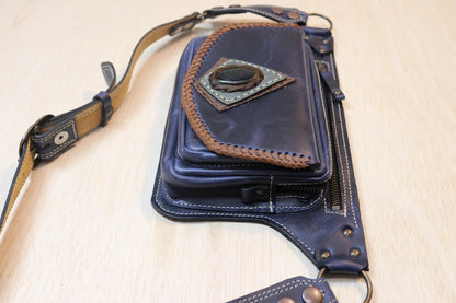 Sato Cross Body | Blue Leather | Silver Sheen Obsidian Stone