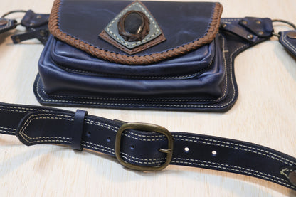 Sato Cross Body | Blue Leather | Silver Sheen Obsidian Stone