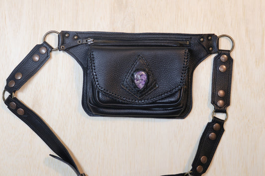 Sato Cross Body | Black Leather | Charoite Stone