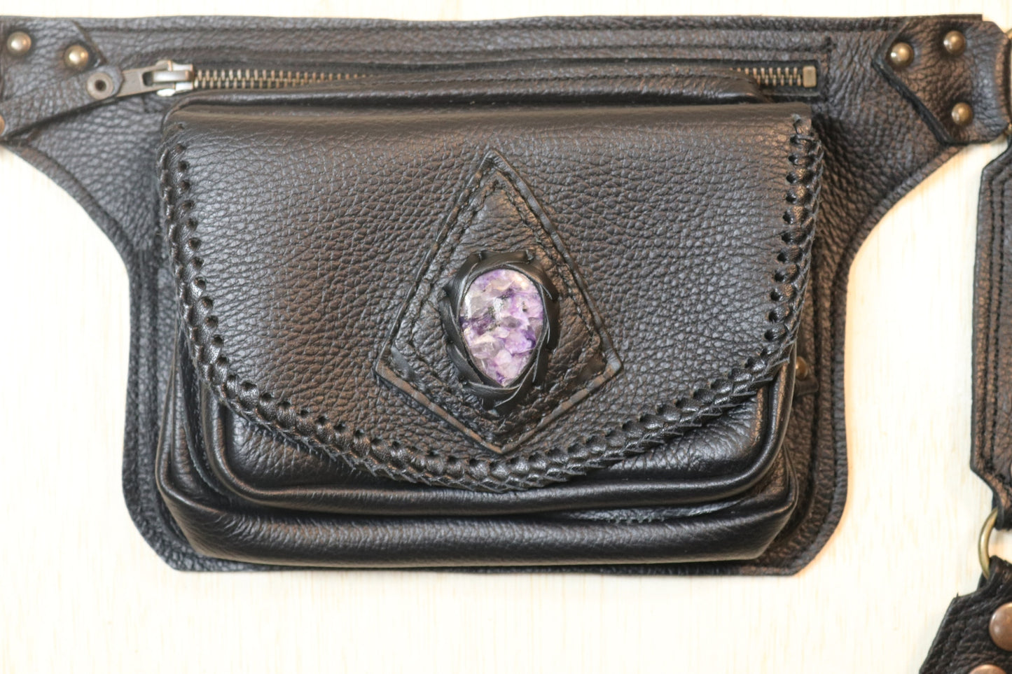 Sato Cross Body | Black Leather | Charoite Stone