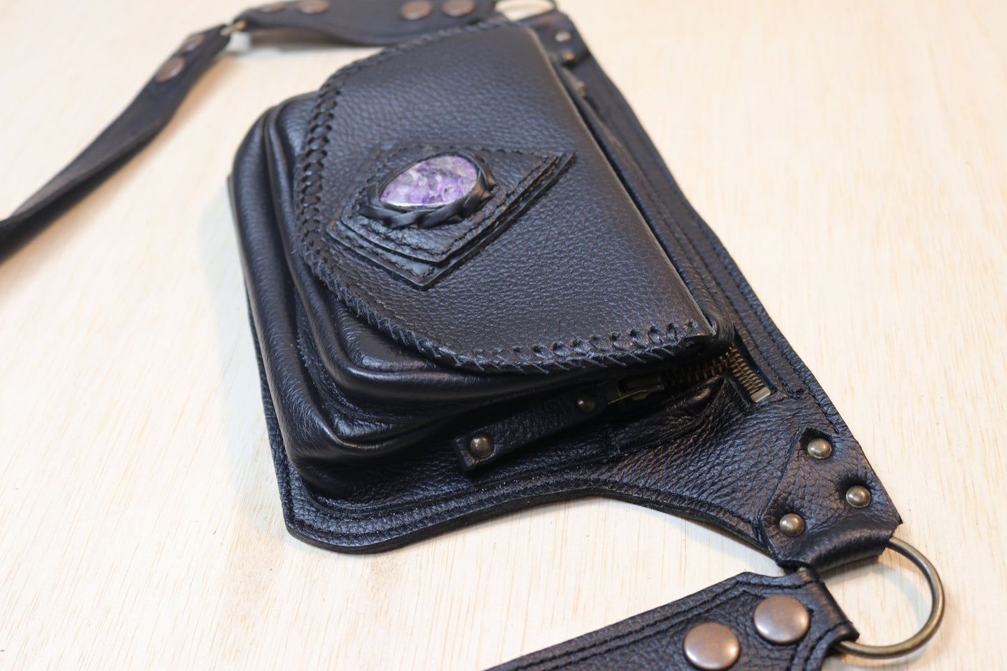 Sato Cross Body | Black Leather | Charoite Stone