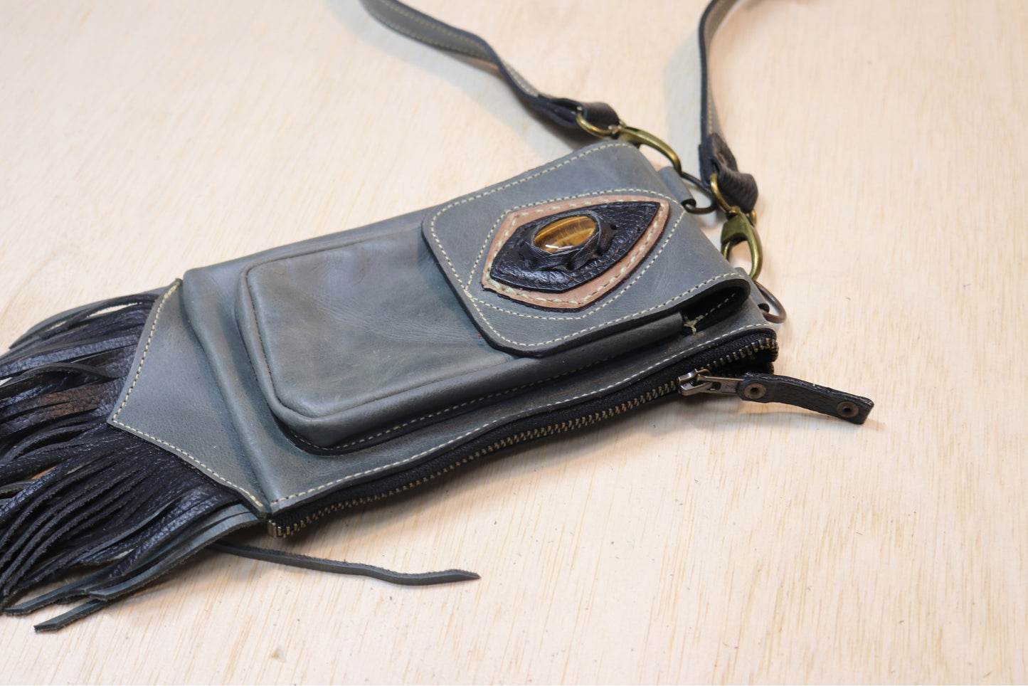 Boreal Bag | Gray Leather | Tigers Eye Stone